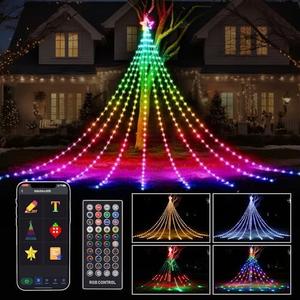 FANCILLUMA 16.4 FT Christmas Decorations Outdoor Star String Lights,Smart APP Remote Control RGB Color Changing DIY 317 LED Waterfall Lights for Garden Yard Outdoor Xmas Decorations