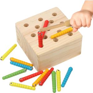 Boxiki kids Wooden Montessori Toys for Babies, Toddlers & Kids, Fine Motor Skills, Magnetic Worm Game for 3 Years Old