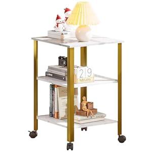 Side Table, End Table with Wheels, Printer Stand with 3-Tier Storage, Bedside Table, Telephone Table, Square Small Side Table for Living Room, Bedroom, Office, Kitchen, Metal Frame, Easy Assembly -White