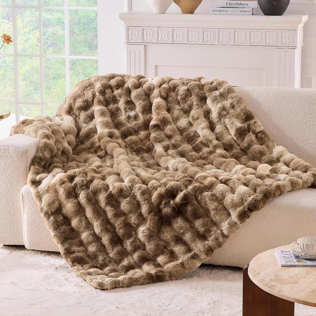 BENVWE Fluffy Faux Fur Throw Blanket for Couch - Soft, Plush, Thick, Cozy, Fuzzy Luxury Minky Bubble Blanket for Home Living Room Decor, Gifts for Women, Tie-dye Brown, 63" x 80", 1100GSM
