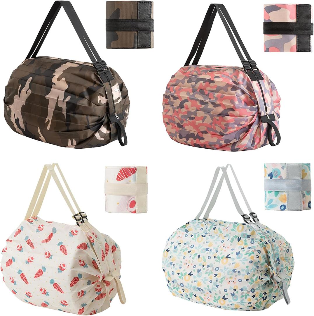 Foldable Reusable Shopping Bags 210D Nylon Waterproof Grocery Tote Travel Duffel Bag with Zipper & Adjustable Strap