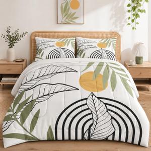 WeCozy Twin Size Comforter Set with Pillowcase, Mid Century Leaf 2 Pcs Bedding for Kids and Adults, Summer Green Geometric Soft Comforter Set for Bedroom Bed Decor
