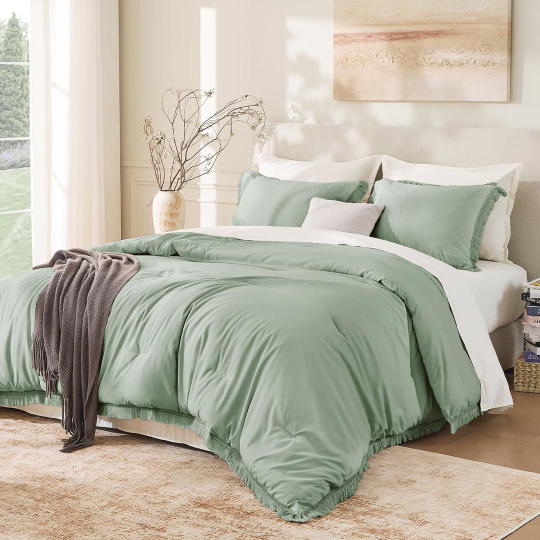 Andency Twin Comforter Set Sage Green, 2 Pieces Kids Comforter Sets for Boys Girls Teens, Boho Tassel Lightweight Winter Fluffy Bed Set (66x90In Comforter & 1 Pillowcase)