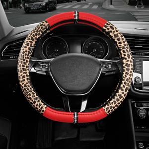 Road Comforts Leopard Steering Wheel Cover for Women, Cute Anti-Slip Microfiber Leather, Fits D Shape Flat Bottom Steering Wheel 14.5-15 Inch - Red