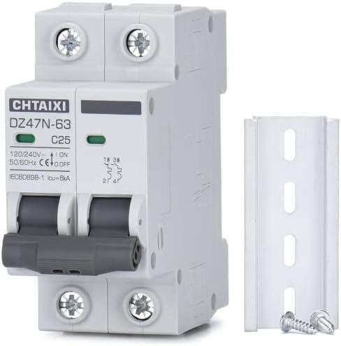 Chtaixi AC Miniature Circuit Breaker, 25 Amp 120V/240V 2 Pole DIN Rail Mount Circuit Breaker, Thermal Magnetic Trip, Solar AC Disconnect Switch MCB C25