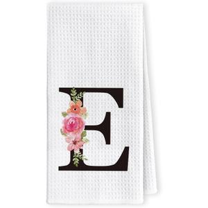 LKETW Floral Monogram Letter E Kitchen Towels Dish Towels, Initial Monogrammed Hand Towels for Bathroom Home Decor, Letter E Decor Family Last Name Tea Towels 16x24in, Letter E Gifts for Women Men