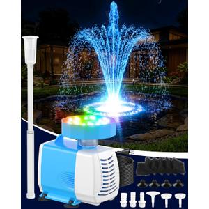 3-in-1 Submersible Pump RGB Pond Filter Kits, 2026 Upgraded Pond Filter Fountain with 7 Colorful Lights, Pond Fountain Pump with 3 Spray Modes, 660GPH Submersible Water Pump for Pond, Fish Tank,Blue