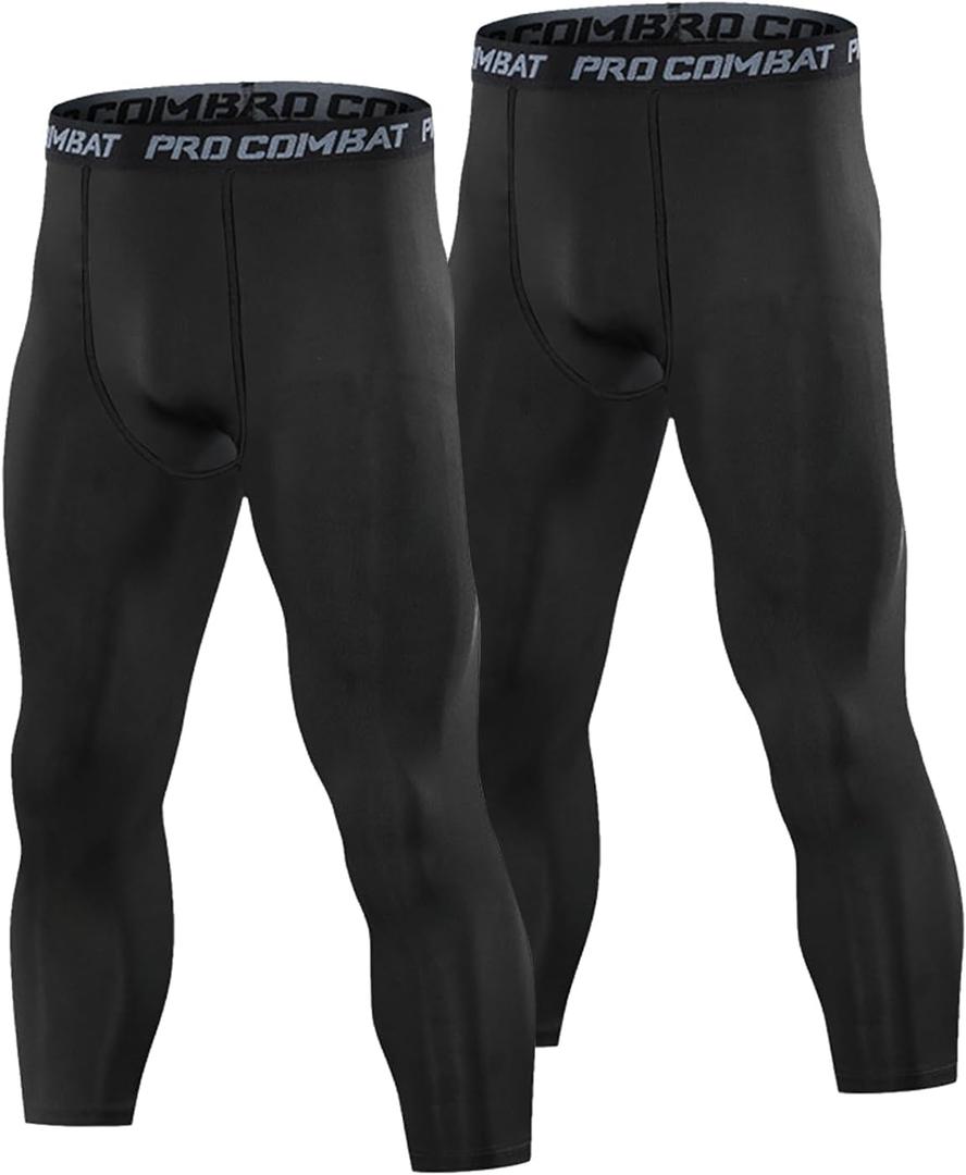 Men’s 3/4 Compression Pants, Athletic Leggings Running Workout Tights Base Layer for Basketball Sports Football Gym, Black XXL
