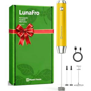 Maestri House Rechargeable Milk Frother with Stand, Handheld Electric Foam Maker Waterproof Detachable Stainless Steel Whisk Drink Mixer Foamer for Lattes, Cappuccino (Warm Yellow (Gift Box))