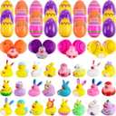 24pcs Prefilled Easter Eggs with Toys, Printed Plastic Easter Eggs with Rubber Ducks Bunny Ear Rabbit Eggshell Rubber Duckies, Easter Basket Stuffers Egg Hunt Gifts for Kids