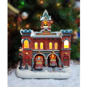 MOMENTS IN TIME Vintage Fire Department Christmas Village 12.2 LED Lights, Music & Moving Fire Trucks, Polyresin Lighted Holiday Building, Adapter Operated Holiday Decoration