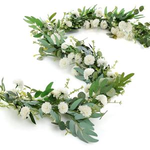 Giegxin 1 Pcs 6 ft Artificial Flower Garland with Chrysanthemum and Eucalyptus 22 Inch White Floral Summer Garland for Wedding Porch Stair Table Centerpieces Baby Shower Birthday Decor
