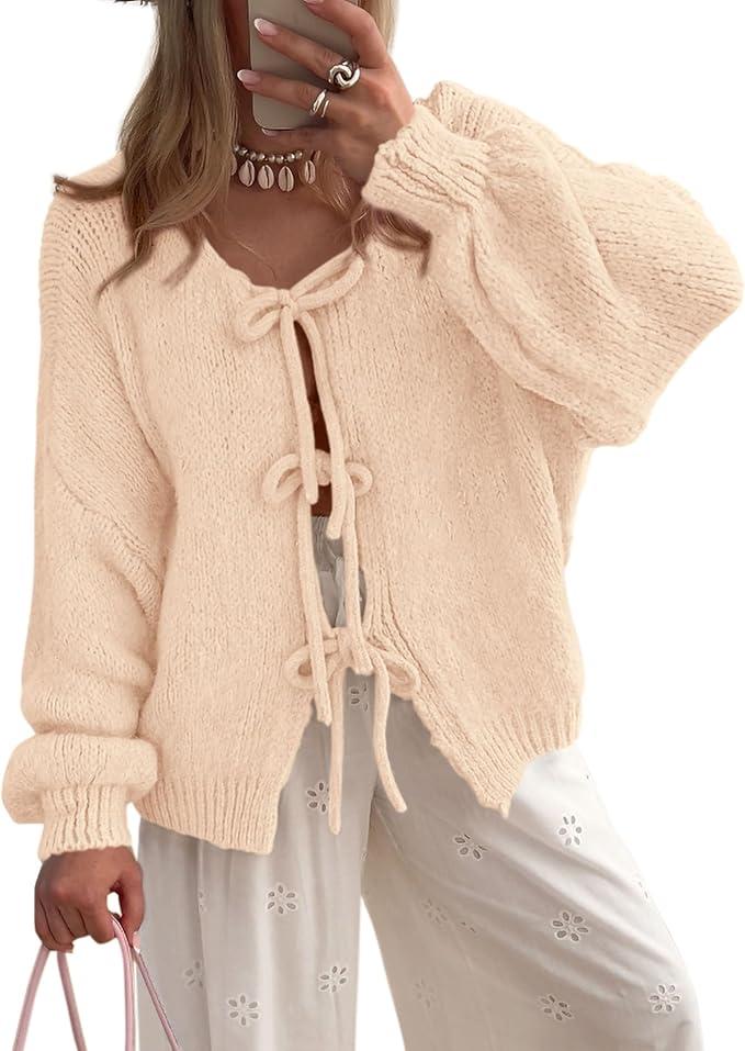 PRETTYGARDEN Women's Tie Front Bow Cardigan Sweaters Chunky Knit Long Puff Sleeve Trendy Fall Winter Jacket Coats, Size L