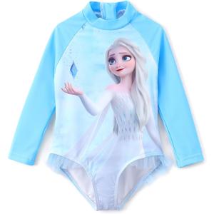 Disney Princess Frozen Elsa Minnie Stitch One Piece Swimsuit Rashguard Bathing Suit UPF 50+Toddler Girl Long Sleeve Swimwear (3-4T)