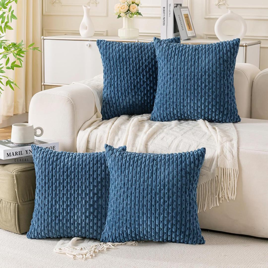Set of 4 Blue Decorative Throw Pillow Covers 20x20 Inch Corduroy Pillow Covers for Bed Couch Sofa Living Room Soft Square Cushion Cases