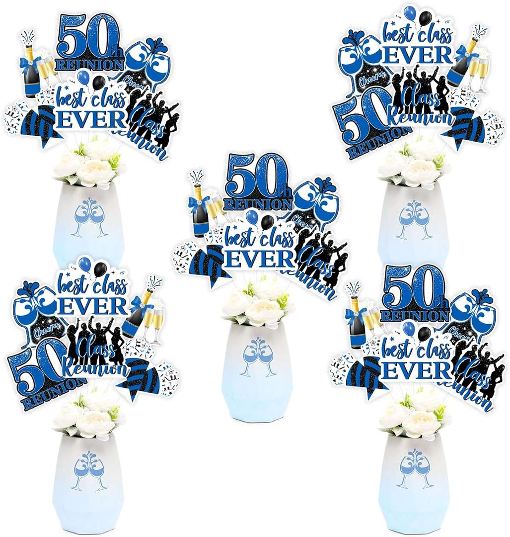 JOYMEMO 24 Pcs 50 Year Class Reunion Centerpiece Sticks Blue and Black - 50th School Class Reunion Decorations Table Centerpieces Double-sided for Class of 1975 High School Reunion Welcome Back Party