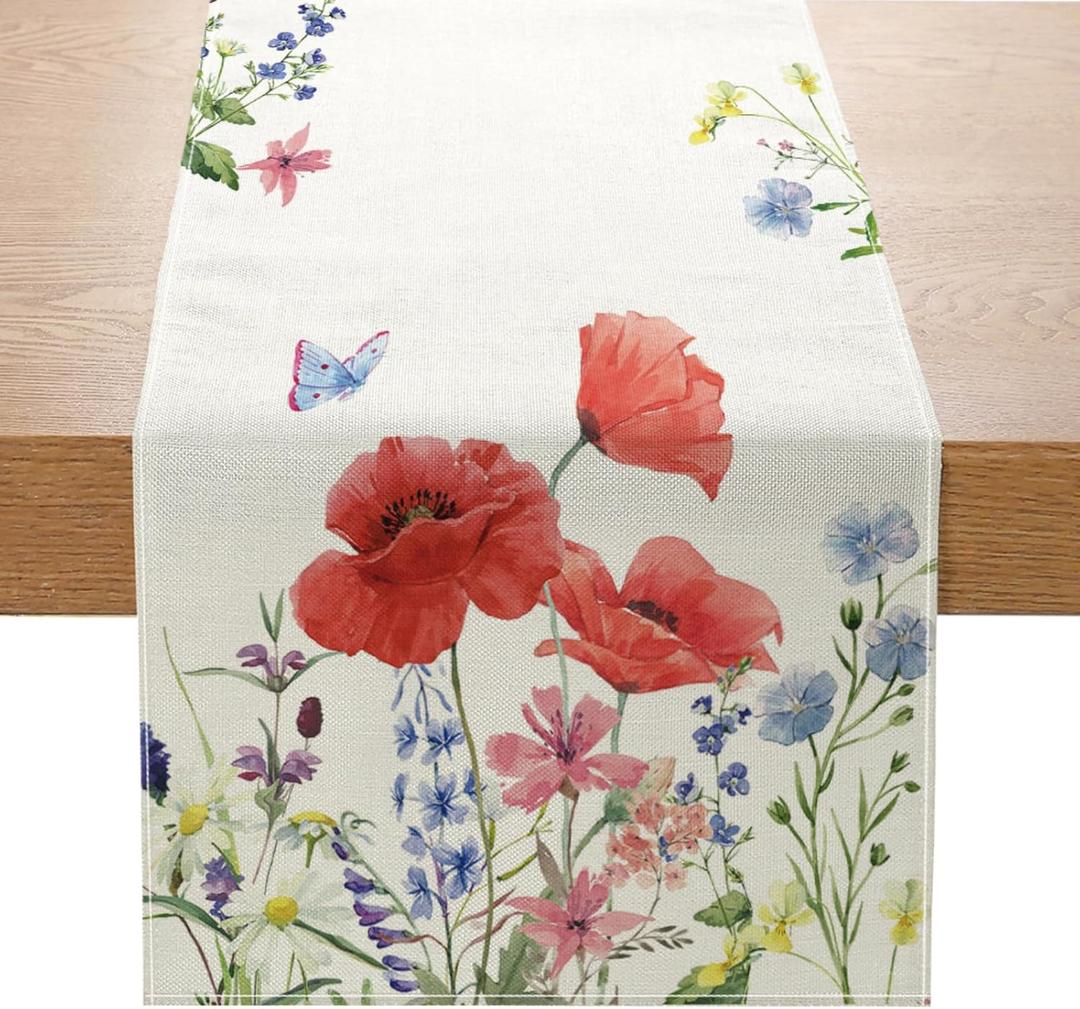 Spring Red Poppy Table Runner 13x72 Inch Purple Pink Wildflower Summer Kitchen Dining Table Decoration for Indoor Outdoor Home Party Dcor