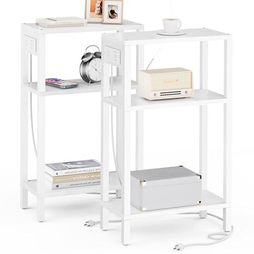 TUTOTAK Narrow Side Table with Charging Station,Small End Table with USB Ports and Outlets, Skinny Sofa Table, Slim Nightstand, Living Room, Bed Room, White TB01BW0792