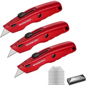 WORKPRO Premium Utility Knife, Retractable All Metal Heavy Duty Box Cutter, Quick Change Blade Razor Knife, 3PCS with 10 Extra Blades (Red)