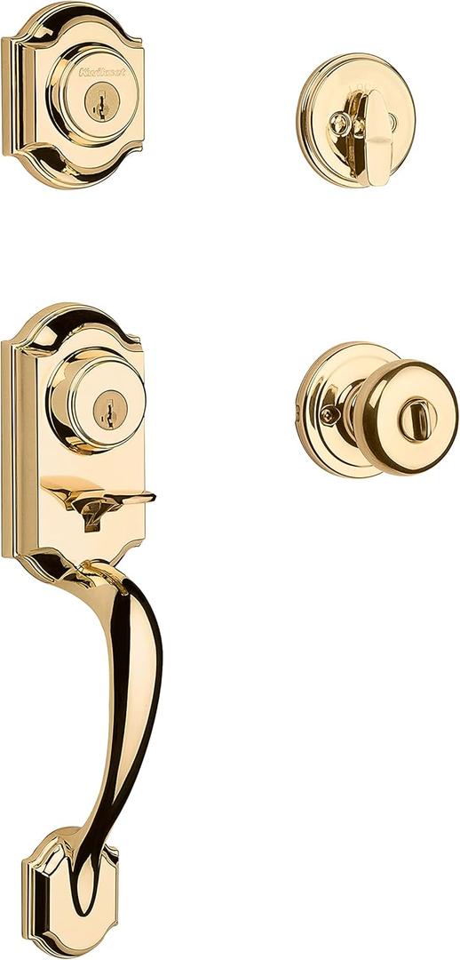 Kwikset Montara Front Door Lock Handle and Deadbolt Set, Entry Handleset Exterior with Interior Door Knob, Polished Brass, Pick Resistant SmartKey Rekey Deadbolt Security