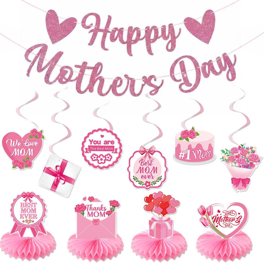 Happy Mothers Day Decorations Banner Pink Glitter, Mother's Day Hanging Swirls and Table Centerpieces Party Supplies Best Mom Ever Thanks Mom for Mother's Day Home Office Decor