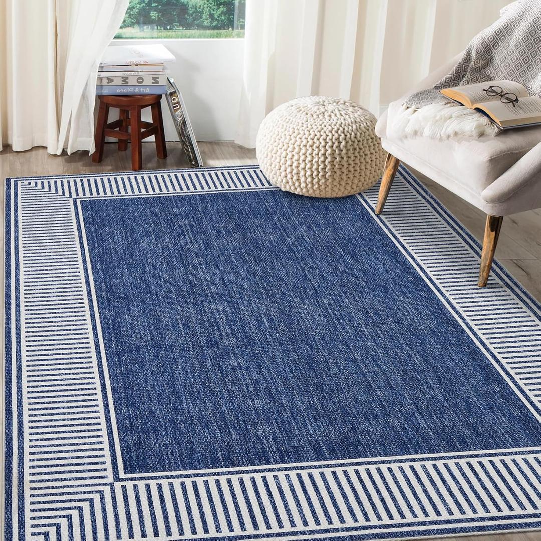 GarveeHome Washable Rug 5x7 for Bedroom Large Living Room Rug with Rubber Backing Casual Striped Border Throw Carpet Modern Contemporary Area Rug for Dining Room Nursery Entry, Blue