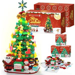 Advent Calendar 2025 Christmas Tree Building Blocks Set with LED Light, 24 Days Christmas Countdown Calendar Christmas Tree Building Blocks Xmas Gifts Toy Decorations for Adults Men Women Kids Teen Girls Boys