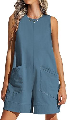 Women's Summer Rompers Loose Overalls Casual Sleeveless Short Jumpsuits with Pockets (Black) L