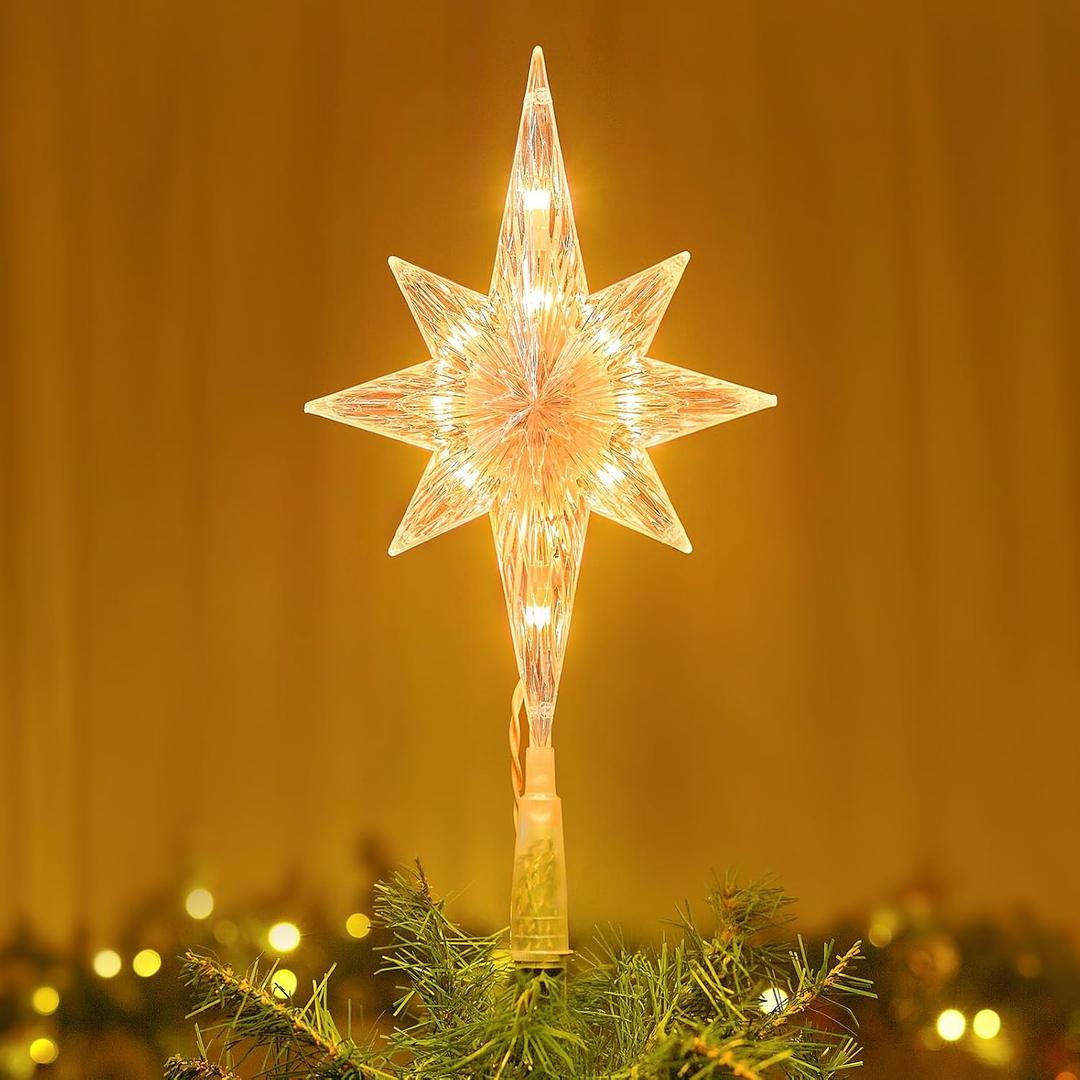 Brightown Christmas Tree Topper Star Lighted Transparency Bethlehem Hexagram 3D Pentagram Built-in 10 Bulbs Christmas Tree Star Topper Plug in Vintage Indoor Office Xmas Decorations Holiday Decor