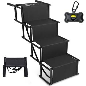 Dog Stairs for Car, Truck & SUV Foldable Dog Steps for Small & Large Dogs with Anti Slip Surface & Poop Bag Dispenser, Lightweight Dog Ramp Holds Up to 130lbs
