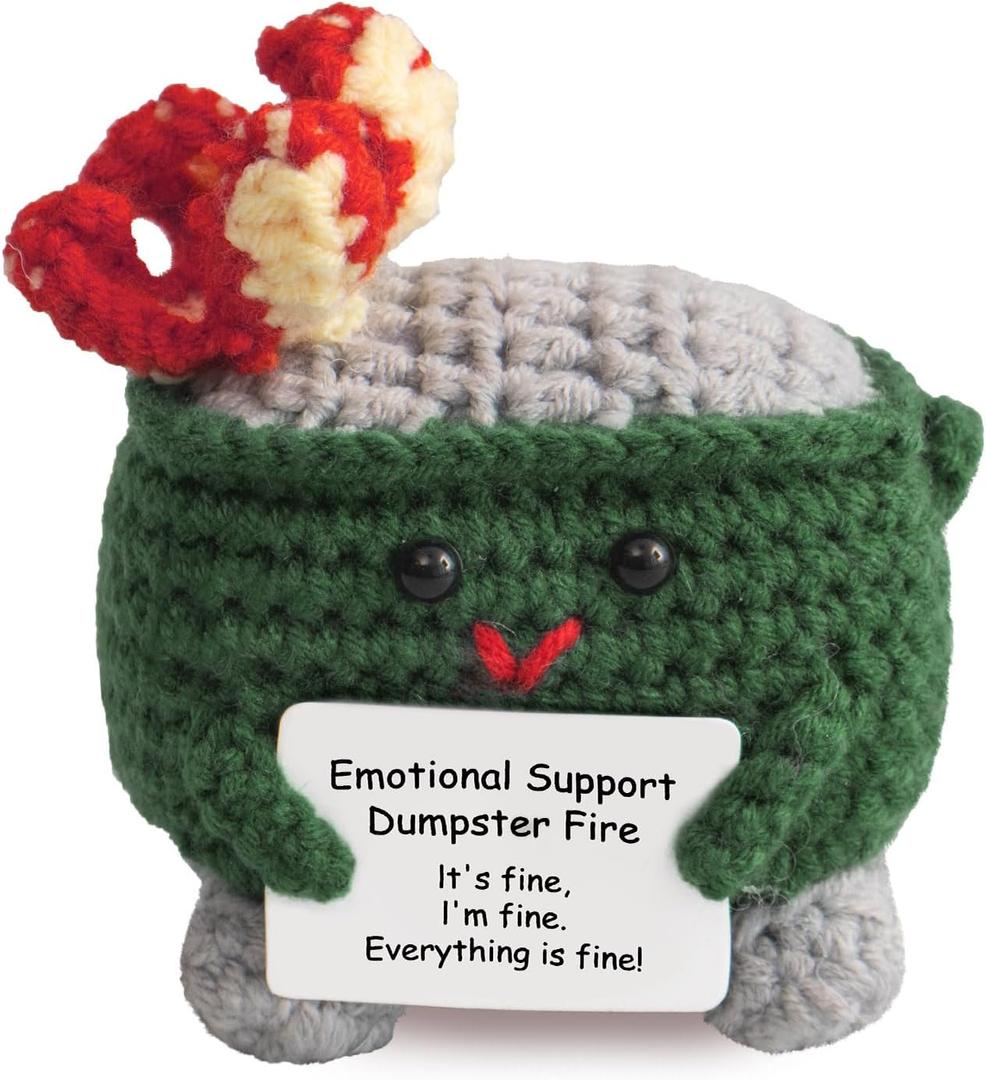 4 x Emotional Support Crochet Dumpster Fire with Positive Card - Handmade Funny Inspirational Birthday Gifts for Women, Men, Friend, Coworker - Cute Office Desk Accessories Decor (Green)