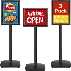 3 Pack Heavy Duty Sign Holder Stand 8.5x11 Inch - Pedestal Floor Standing Sign Holder with Weighted Base - Vertical & Horizontal Poster/Menu Display Stands for Indoor/Outdoor Advertising, Black