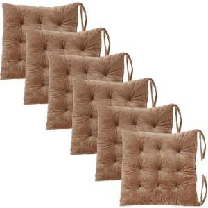 6 Pack Square Seat Cushion Chair Pads for Kitchen Dining Chairs, Soft Comfort Velvet Chair Mat Pillow Cushions with Ties for Office Desk Living Room Tatami 15.5", Khaki
