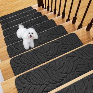 Stair Treads Non Slip for Wooden Steps, 8" X 30" (15-Pack) Stair Runner Carpet Treads Indoor with Reusable Adhesive, Stairslide Carpets Rugs Safety Mats for Elders, Kids & Dogs, Black Leaf