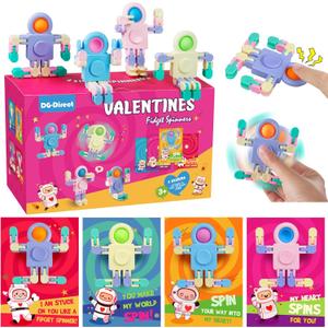 28 Pack Valentines Day Gifts for Kids, Valentines Day Cards with Astronaut-Shaped Finger Spinner POP Toys for Kids, Valentine School Classroom Exchange Prizes, Valentine Party Favor Toy Set