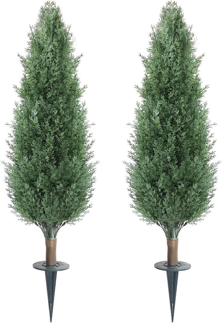 3FT Artificial Cedar Topiary Trees with Ground Spike, Outdoors Fake Cypress Shrubs Trees Set of 2 Faux Boxwood Topiaries Bushes Evergreen Plants for Home Front Porch Decor (36 Inch)