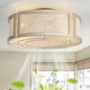 20" Boho Ceiling Fans with Lights, Rattan Flush Mount Ceiling Fan with Light Remote Control with Caged 6 Speeds for Bedroom, Nursery, Living Room (Gold) (Yellow)