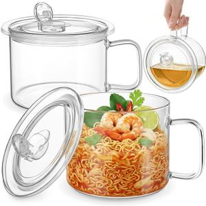 Eorbow 2 Pack 45 FL OZ Glass Ramen Bowls, Microwavable Soup Bowl with Handle, Leak-proof French Onion Soup Mugs with Lid, Large Soup Crocks for Noodles, Cereals, Oatmeal