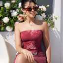 XXTAXN Women's Sexy Tube Strapless Floral Pattern Ruched Bodycon Date Night Mini Dress with Bow Tie (Winered Printing)