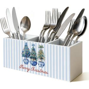 Chinoiserie Christmas Kitchen Utensil Holder, Xmas Tree Grandmillennial Cooking Utensil Holder Wooden Storage Organizer Box for Kitchen Counter, Blue and White Christmas Decor