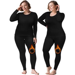 Patelai 2 Sets Plus Size Long Thermal Underwear for Women Fleece Lined Base Layer Pajama Top and Bottom Cold Weather (Black)