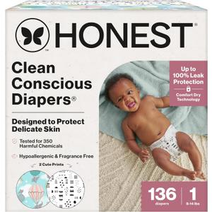 The Honest Company Clean Conscious Diapers for Sensitive Skin, Up to 100% Leakproof Hypoallergenic Fragrance-Free Baby Diapers, Gender Neutral Prints, Super Club Box, Size 1 (814 lbs), 136 Count (Above It All + Pattern Play)