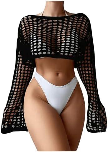 RoseSeek Women's Long Sleeve Crochet Cover Up Knitted Hollow Out Cropped Swimsuit Cover Ups Tops Large