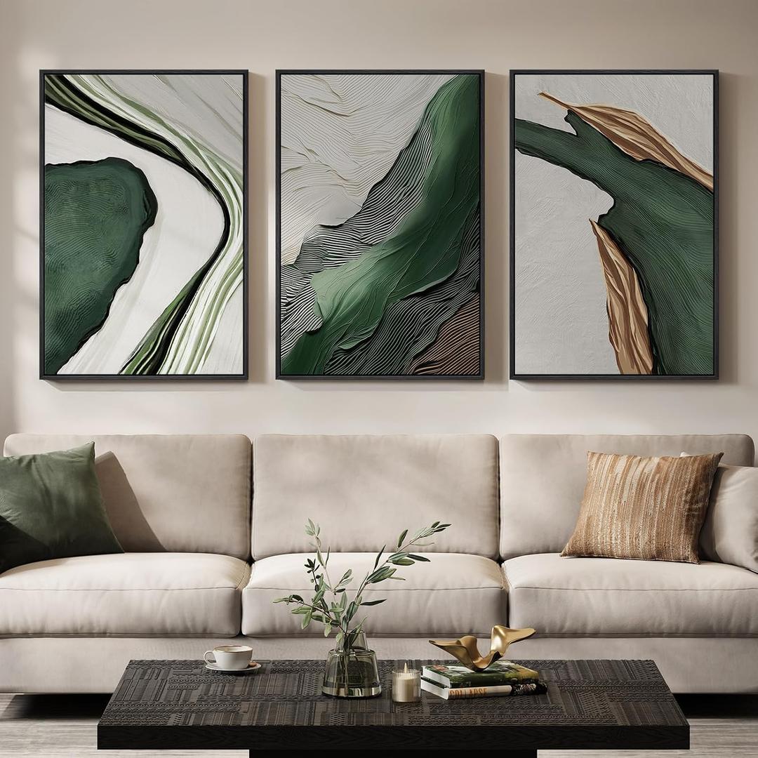 Large Framed Modern Abstract Wall Art for Living Room, 3 Piece Canvas Prints Paintings Artwork for Walls, Minimalist Green and White Pictures for Hallway Dining Bedroom Home Office Wall Decor 24x36 Inch