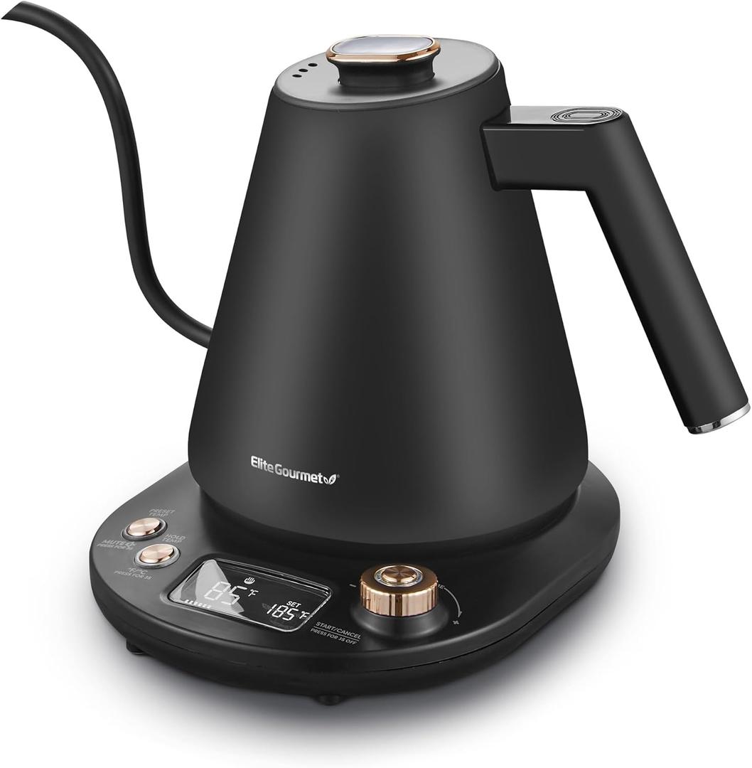 Elite Gourmet EKT3001 1L Digital Water Kettle, 304 Stainless Steel Interior, Programmed Temperatures, Keep Warm Function, Cordless, 360° Base, Auto Off & Audible Indicator, Matte Black
