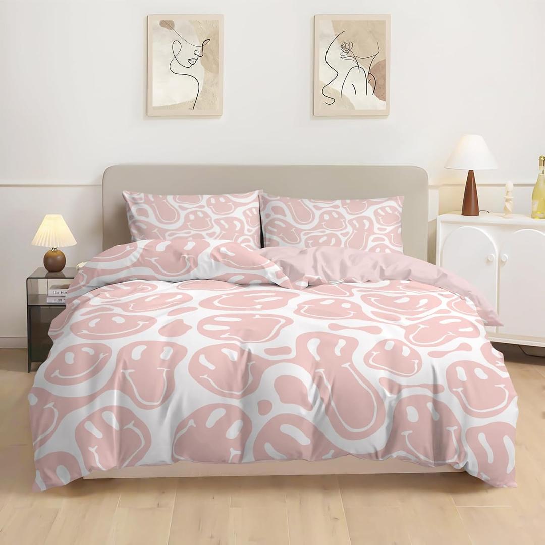 Kid's Duvet Cover Queen Size, Retro Hippie Beddding Set, 3PCS Soft Microfiber Bedding Set with Zipper Closure&Corner Ties, Girl Bedding with Pillowcase - Pink, Queen