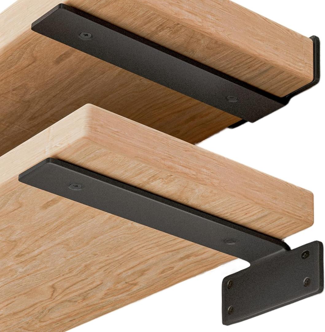 Shelf Brackets Floating Shlef Brackets 8-Inch 6-Packs, 1/5-Inch Thick Heavy Duty Shelving Brackets for Wood Shelves, 8" Hidden Black Metal L Bracket Shelf Bracket Supports with 160 Lbs Load Capacity (8 Inch)