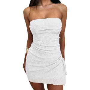 GOKATOSAU Women's Floral Strapless Fold Over Neckline Split Drawstring Bodycon Ruched Mini Dress White (White, XL)