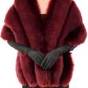 Zhanmai 2 Pcs Winter Long Shawl Cloak Stretchy Glove Opera Bridal Dance Gloves for Women Dress Party Coat (Standard, Claret)