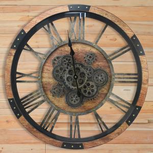 24" Large Wall Clock with Moving Gears,Oversize Vintage Industrial Rustic Farmhouse Clocks for Living Room Decor Office Home,Solid Wood HD Tempered Glass Cover,Brown